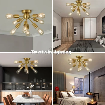

Ceiling Light Lamp LED Semi Flush Light Fixture 8 Headed Golden Kitchen Dinning Bed Room Corridor Gold LED Bulbs E27 Modern Iron