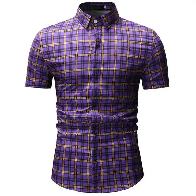 Men's plaid pocket shirt new design men's slim short sleeve dress shirt casual men's shirt Chemise Homme Camisa Social XXXL - Цвет: YS18 purple