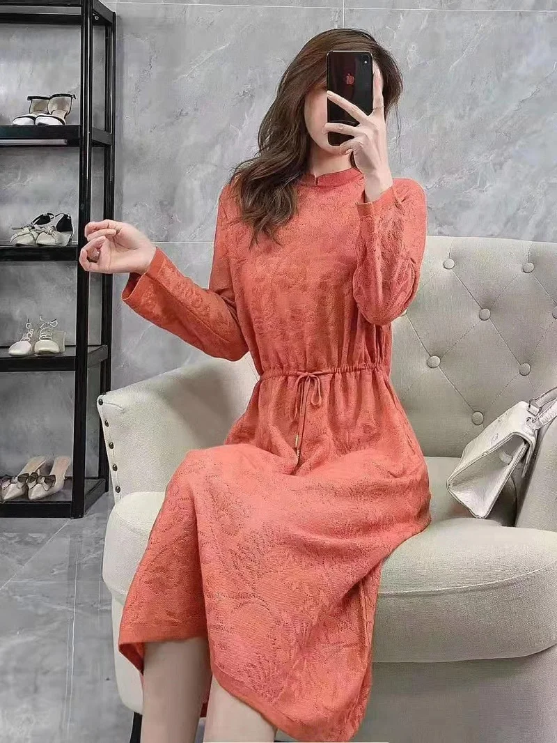 Newest Fashion Sweater Dress Autumn Winter Knitwear Women Vintage Jacquard Patterns Knitting Long Sleeve Dress Jumpers