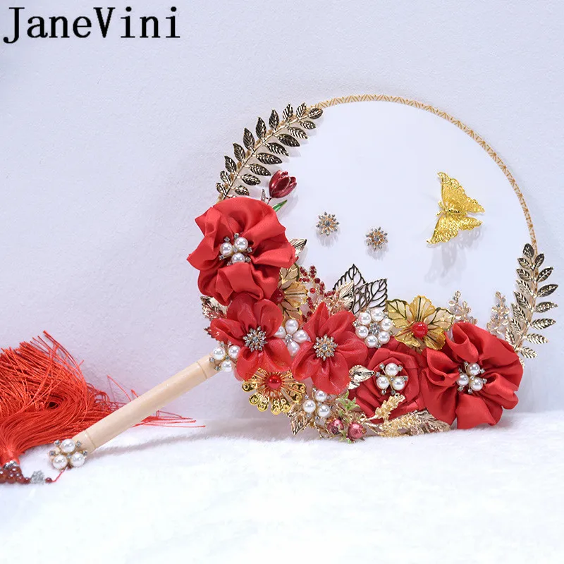 JaneVini красные цветы китайский стиль вентилятор круглый жемчуг Золотые листья бабочка свадебные вентиляторы Свадебный букет невесты De Mariage