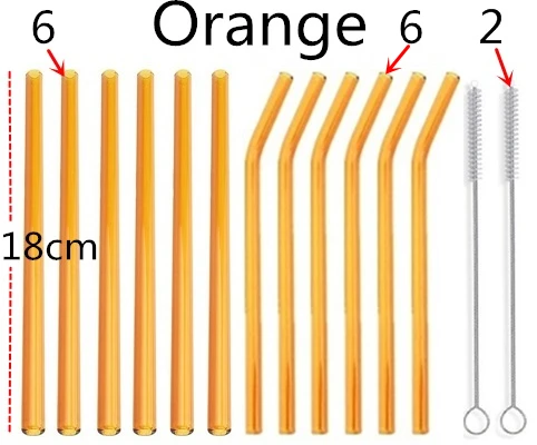 12 шт. стеклянные соломинки прозрачные Изогнутые 18 см "х 8 мм-идеальная многоразовая соломинка для смузи, чая, сока-с 2 шт. чистящей щеткой - Цвет: 12 orange 2brush