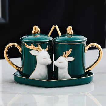 

Ceramic Mug Gift Box 1 Pair Nordic Gold Green Relief Elephant Couple Cup Heart-shaped Tray Home Kitchen Bar Decoration Drinkware