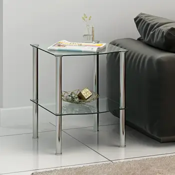 

Modern 2 Tiers Glass Side End Coffee Lamp Table Minimalist Display Stand Shelf Sofa Side Small Table Black/Clear