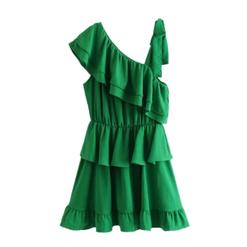

Women Fashion Sweet Ruffled Chiffon Mini Solid Dress Irregular Design Elastic Waist Pleated Green Cute Chic Dresses FFZYQ481
