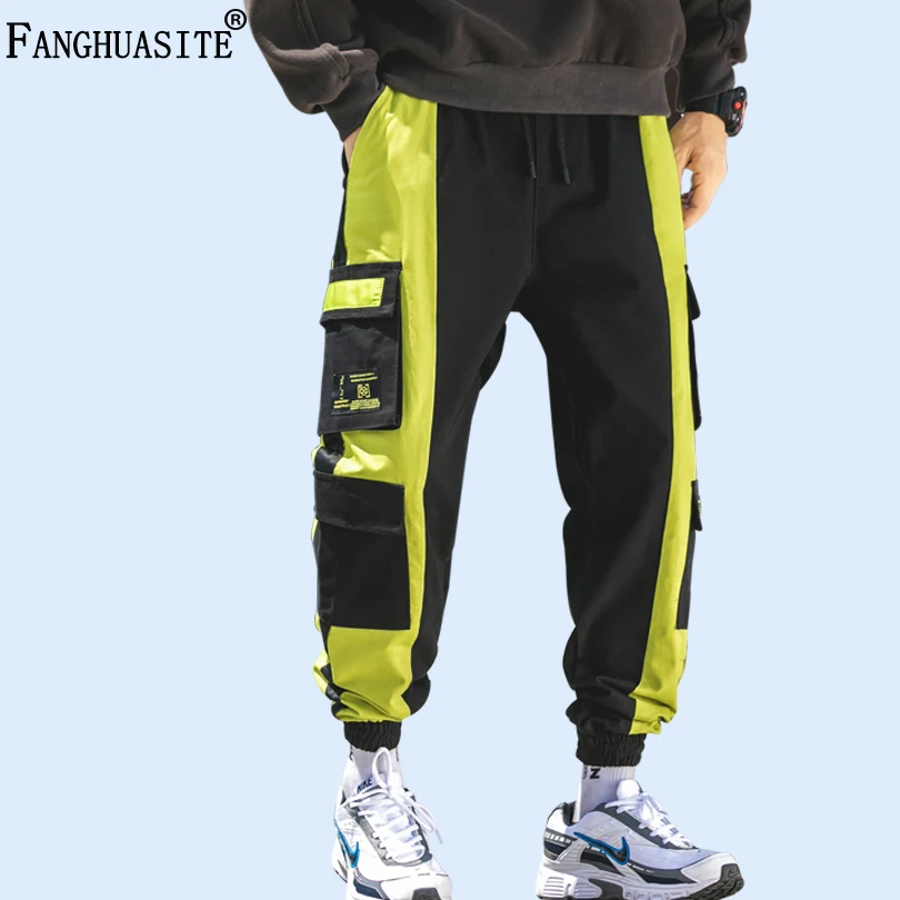 Мужские хлопковые брюки в стиле хип-хоп, для пробежек, Осень-зима, повседневные штаны контрастного цвета с большими карманами, высокое качество, модные брюки карго A916
