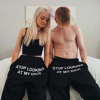 

2020 Women High Waist Pants Stop Looking At My Dick Sweatpants Plus Size Joggers Dropshipping Street Hip Hop Black Trousers