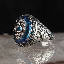 

Retro Handmade Turkish Signet Ring For Men Women Ancient Silver Color Carved Ring Inlaid Blue Zircon Party Punk Motor Ring