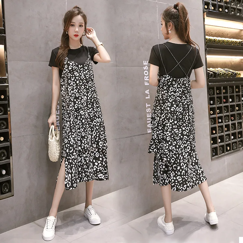 

Ozhouzhan 2019 Amoi Strapped Dress Two-Piece Set Slim Fit Slimming Leopord Pattern Floral-Print Chiffon Dress Cool GIRL'S