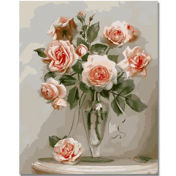 

RIHE Pink Rose Flowers-DIY Framed Oil Painting By Numbers, Coloring By Numbers, Modern Wall Art Picture,Home Decoration 40x50cm