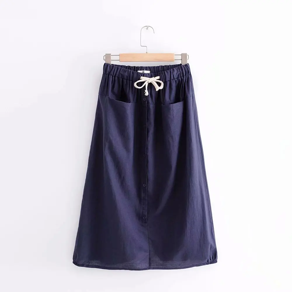 

2018 Summer Retro Loose Casual Versatile Skirt Elastic Waist Lace-up Mid-length Cotton Linen a Sub-Skirt J8392