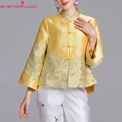 Китайский стиль Тан костюм для женщин демисезонный цветочный вышивка Добби короткие повседневное wor стенд воротник костюм Cheongsam топы