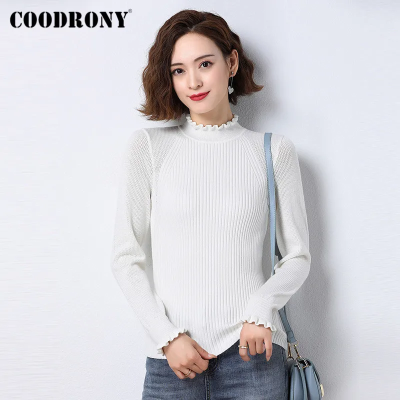 

COODRONY Brand Basic Solid Color Knitting Warm Jumpers Female 2020 Winter Casual Soft Slim Ruffled Collar Sweaters Women W1126