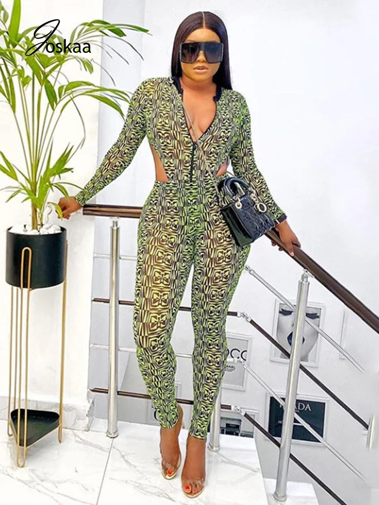 

Joskaa Sexy Club Party Lady Two Piece Sets Mesh Sheer Deep V Neck Long Sleeve Zipper Up Crop Jumpsuits See Through Pants Outfits