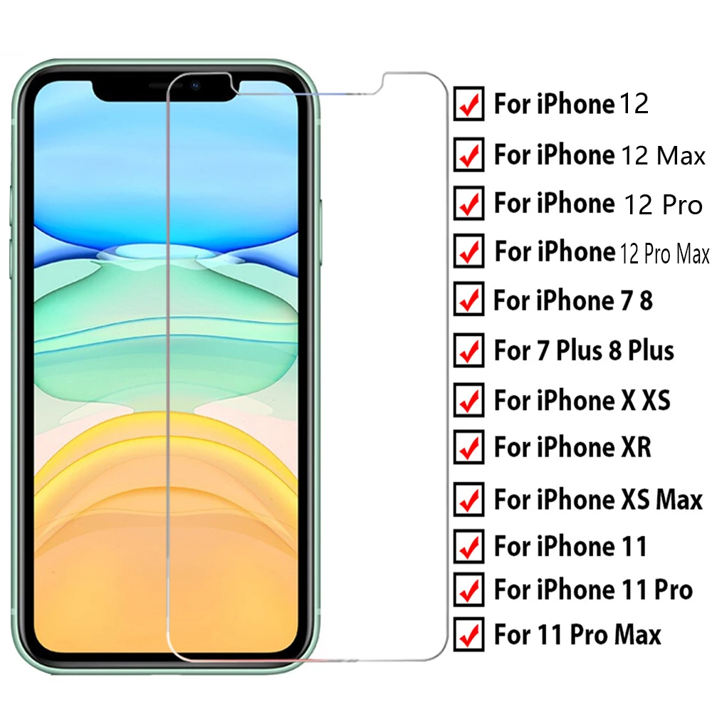 Protector de cristal templado para iPhone, protector de pantalla de vidrio templado para iphone 12 11 Pro Max X XS XR 7 8 6s Plus SE 2020