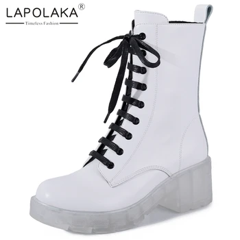 

Lapolaka Hot Sale 2020 Crystal Transparent Platform Boots Woman Shoes Genuine Leather Lace-up Side Zipper Ankle Boots Female