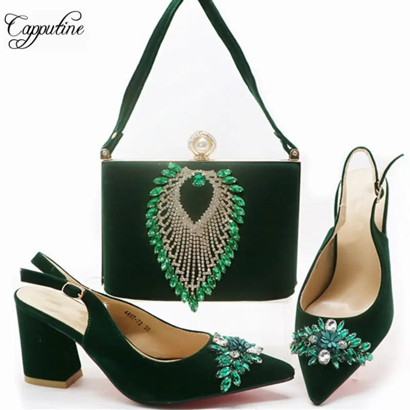 

Latest Design Square Heels Shoes And Matching Bag Set Italian Crystal Woman Pumps 8CM Shoes And Bag Set For Party Size 38-42 G85