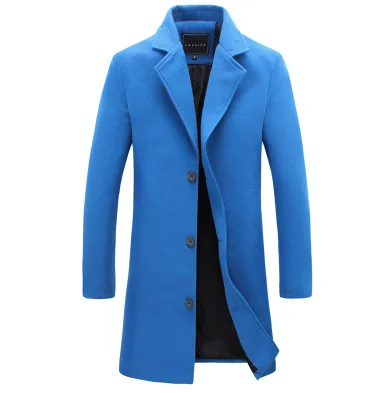 Мужская осенняя и зимняя длинная куртка, пальто, одноцветная, деловая, повседневная, мужская, элегантная, щука, шерсть, стиль, большой размер, S-5XL - Цвет: blue