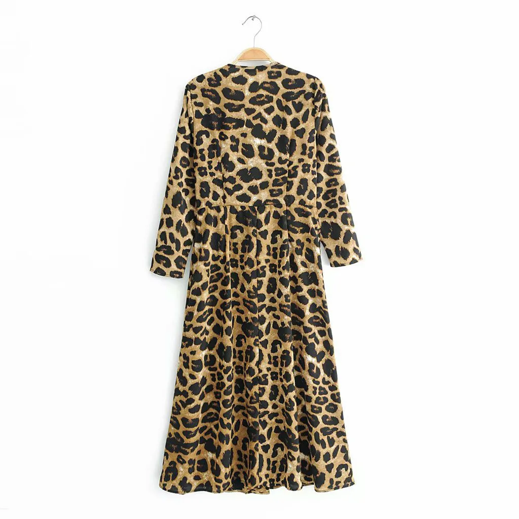 Feitong/женское платье, Vestidos, модное, с длинным рукавом, с v-образным вырезом, с леопардовым принтом, до середины икры, длинное, женское платье, ropa mujer
