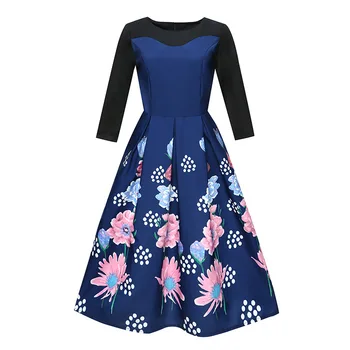 

European style vintage print woman dresses spring and autumn elegant a-line o-neck empire long sleeve elegant female dresses 90s