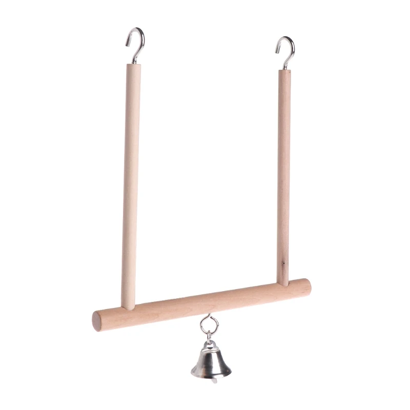Birds Perch Parrot Play Toys Stand Holder natural Wooden Swing Bell Cage Hanging 2