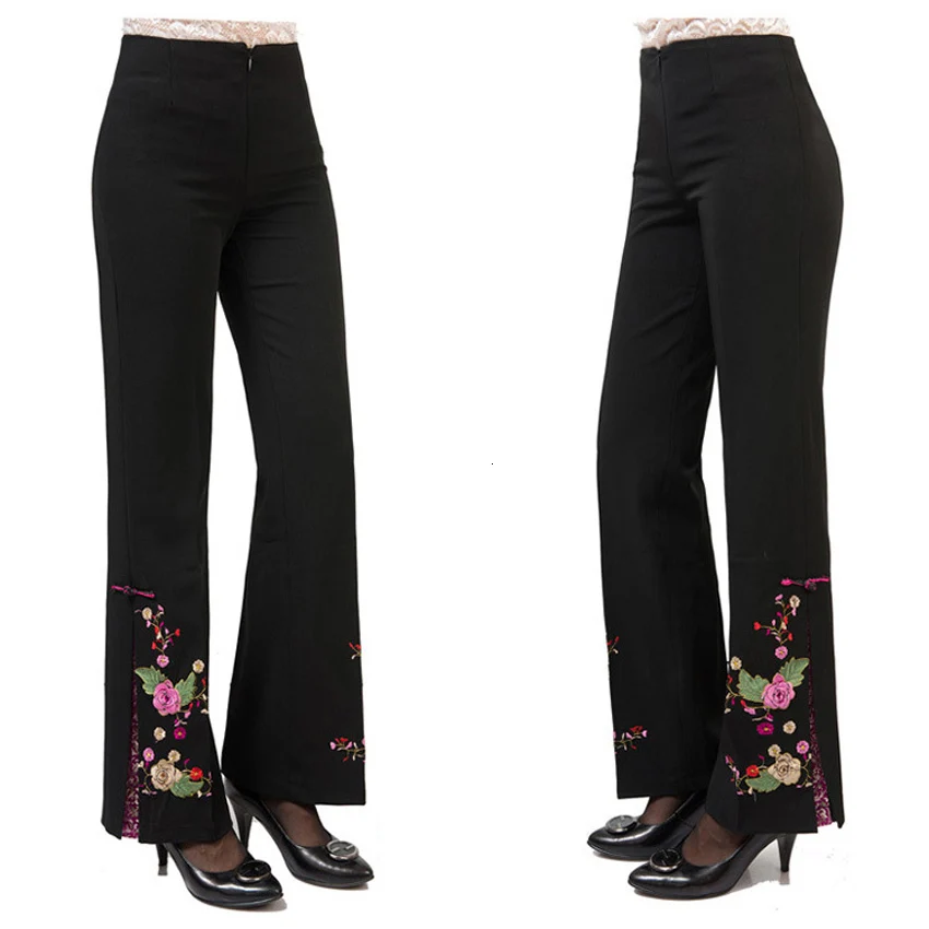 Женские брюки-клеш с высокой талией, китайский традиционный стиль, широкие брюки, повседневные черные брюки в стиле Танг, длинные танцевальные брюки в стиле ретро, Hanfu