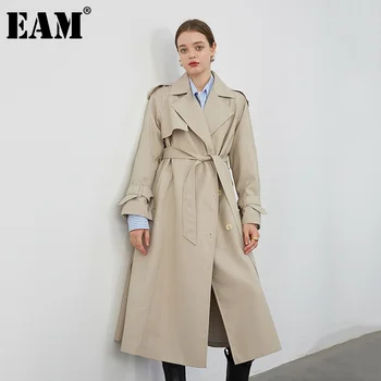 

[EAM] Women Beige Brief Big Size Trench New Lapel Long Sleeve Loose Fit Windbreaker Fashion Tide Spring Autumn 2020 1Z0780
