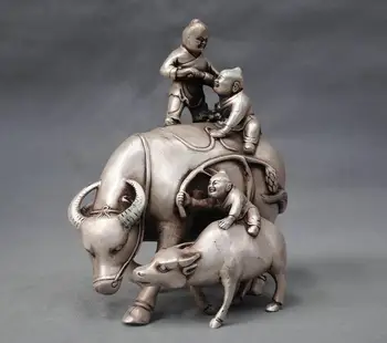 

8'' China Silver Three Children Kids Ride Cow Bronze Statue