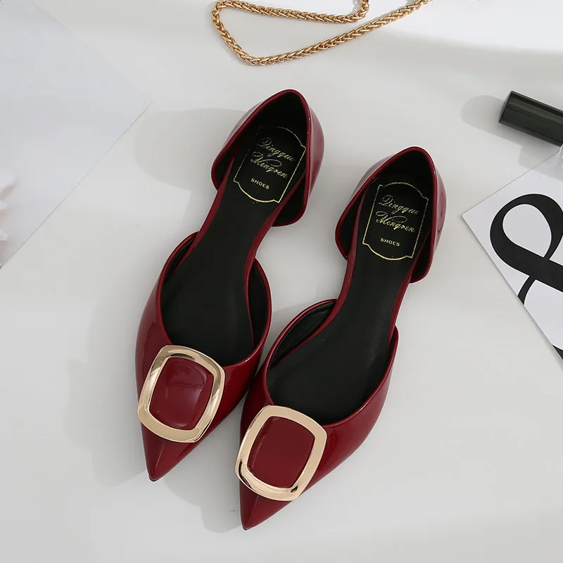 Обувь со стразами; женская летняя обувь на плоской подошве; Цвет черный, серебристый; обувь на плоской подошве с металлическим украшением и пряжкой; модная атласная женская обувь на плоской подошве - Цвет: Burgundy
