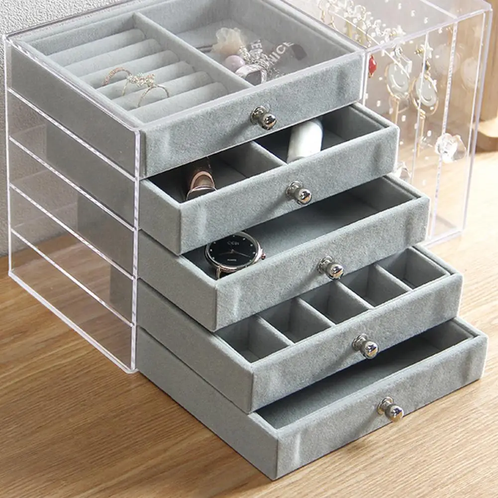

Acrylic Jewelry Organizer 5 Drawers 2 Earring Hanger Two-in-one Clear Rings Bracelets Necklaces Box for Women Girls Gift 30E