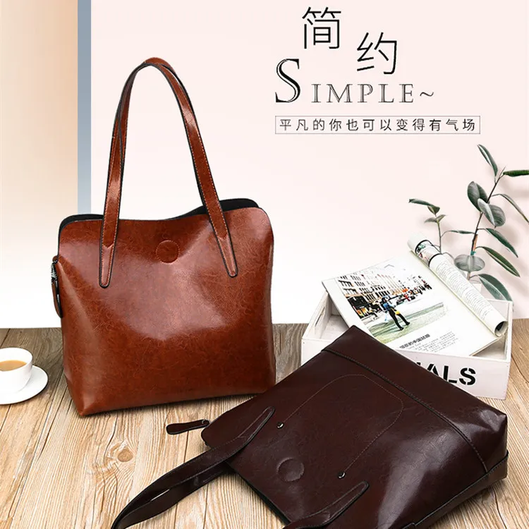 

Tote Bag Student Soft Leather Autumn New Style Large-Volume Simple Retro Fashion Solid Color Trend Casual Shoulder Bag
