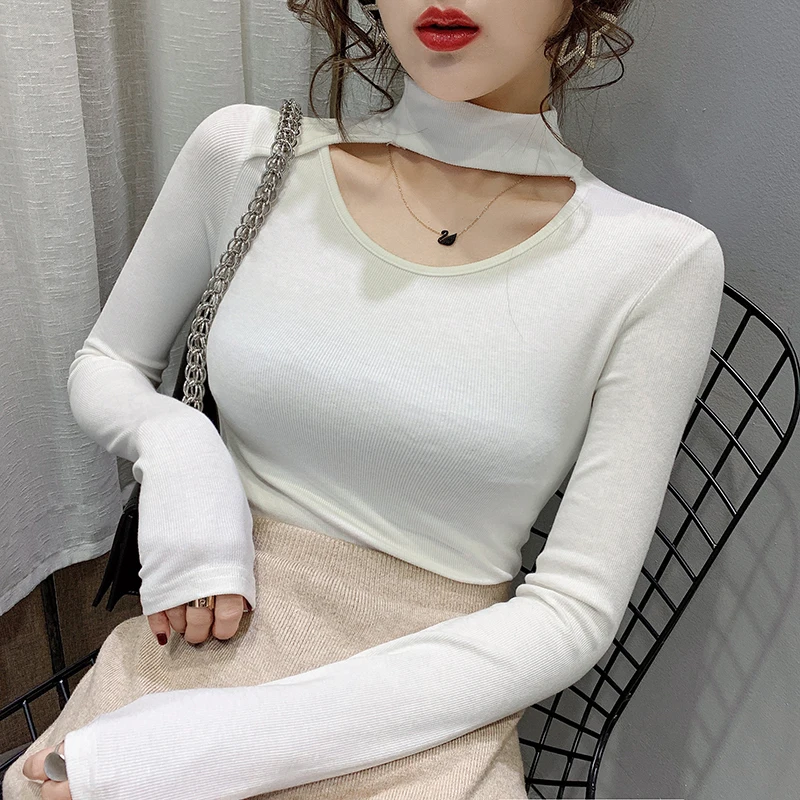 White tshirt Корейская одежда, сексуальная открытая футболка, новинка, весна-осень, женские хлопковые топы с длинным рукавом, тонкая рубашка, ropa mujer, футболки T9D805 - Цвет: White tshirt