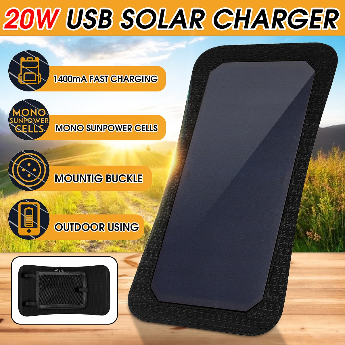 

New 7W 5V Sunpower Solar Panels Charger Bank Backpack Solar Cells with USB Port for Camping Hiking