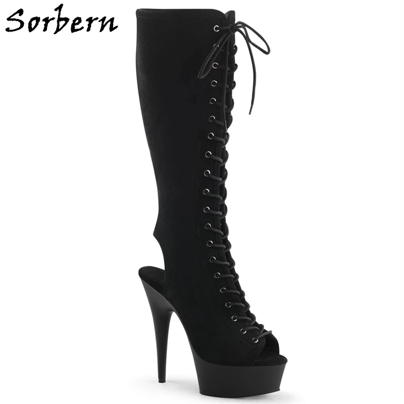 Sorbern Lace Up Knee High Boots For Women Open Toe Heels Platform 2020 Wide Calf Fashion Shoes Casual | Обувь