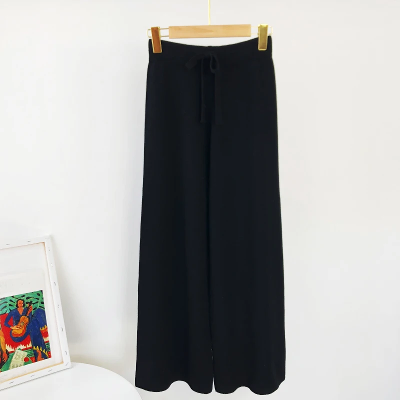 Aachoae 2020 Lady Solid Knit Pants Loose Wide Leg Long Length Pants Female Drawstring Casual Office Home Wear Trousers Pantalon