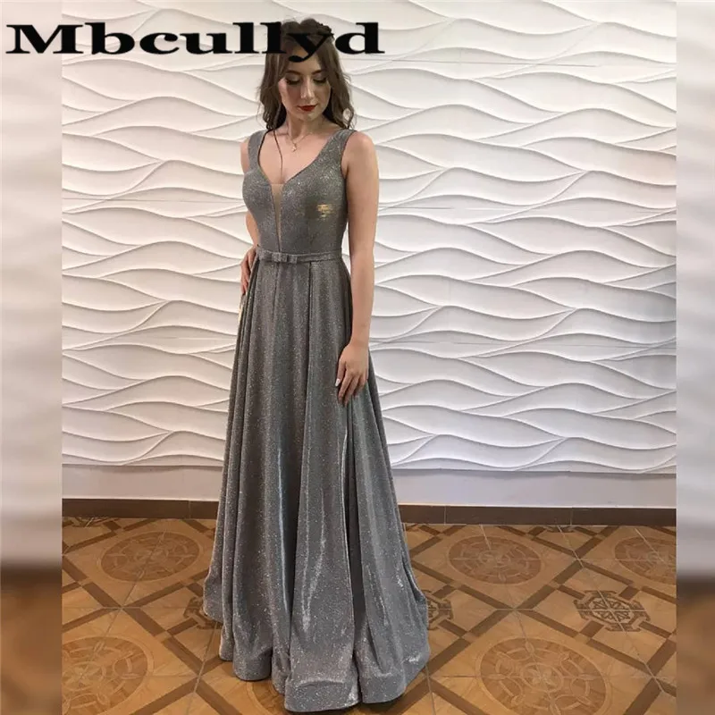 

Mbcullyd Shining Sequined Prom Dresses Long Lovely V-neck Evening Dress For Women With Bow Cheap Customize Vestido De Festa