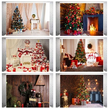 

Vinyl Christmas Backdrop Wooden Board Fireplace Tree Sock Wreath Photography Background for Photo Studio Baby Portrait Photocall