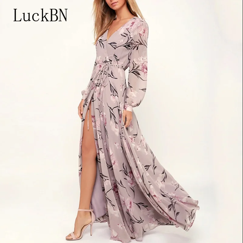 

LuckBN New Women Bohemian Casual Long Dress Elegant Short Sleeve Retro Party Vestidos Female Spring Floral Printed Maxi Dresses