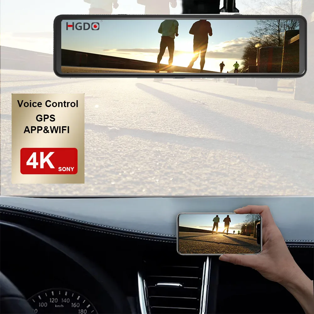 HGDO D500 12'' 4K Dash Cam 3 in 1 GPS WIFI AI Voice Control Video Record SONYIMX415 Car DVR Front and Rear View Mirror Camera