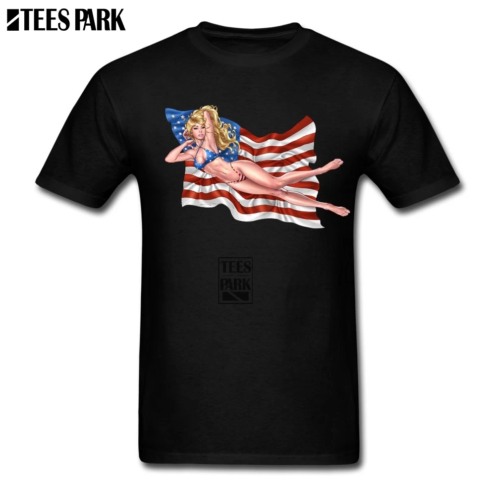 Tops Hipster Tees PIN UP American Flag Bikini Girl T Shirts Youth Crew Neck Short Sleeve Shirt for Men Funny Fun | Мужская одежда