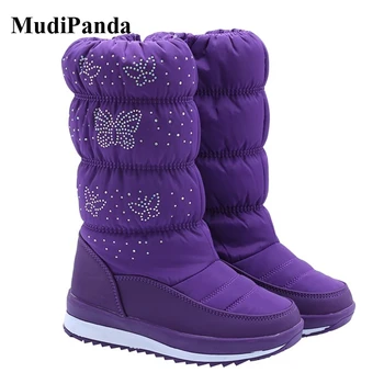 

MudiPanda 2020 New Kids Snow Boots Children Shoes For Girls Winter Russia Warm Mid-Calf Rhinestone Butterfly Waterproof Boots