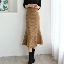 Модная пикантная юбка с высокой талией, Женская Повседневная Зимняя шерстяная клетчатая юбка, Женская винтажная тонкая юбка-русалка, офисная одежда