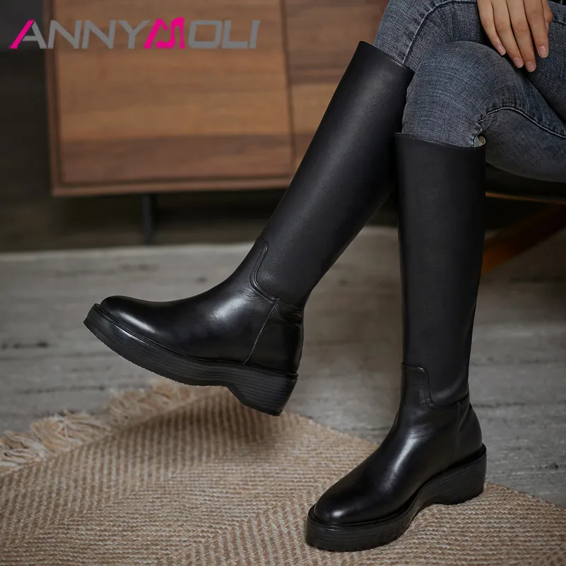

ANNYMOLI Women Long Boots Shoes Real Leather Platform High Heel Riding Boots Chunky Heels Zipper Knee High Boots Autumn Winter