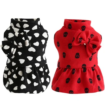 

Pet Warm Winter Dresses Bowknot Cotton Clothes For Dogs Heart Printed Puppy Thickening Warm Dress Tulle Skirt