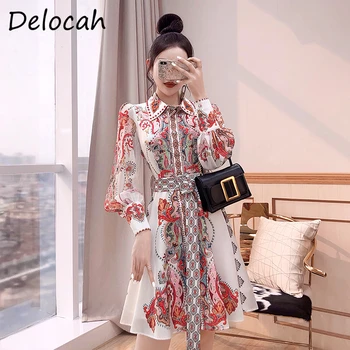 

Delocah Women Autumn Fashion Runway Party A-Line Dress Sashes Lantern Sleeve Vintage Printed Ladies Bodycon Fit Midi Dresses