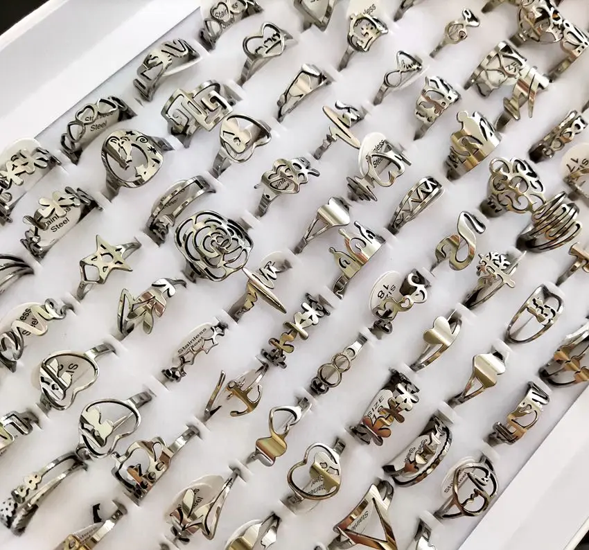 Bulk lots 25pcs 16-20mm Mix Laser Cut Ring Women's Mix Colors  stainless Steel Party Ring Trendy Jewelry 4