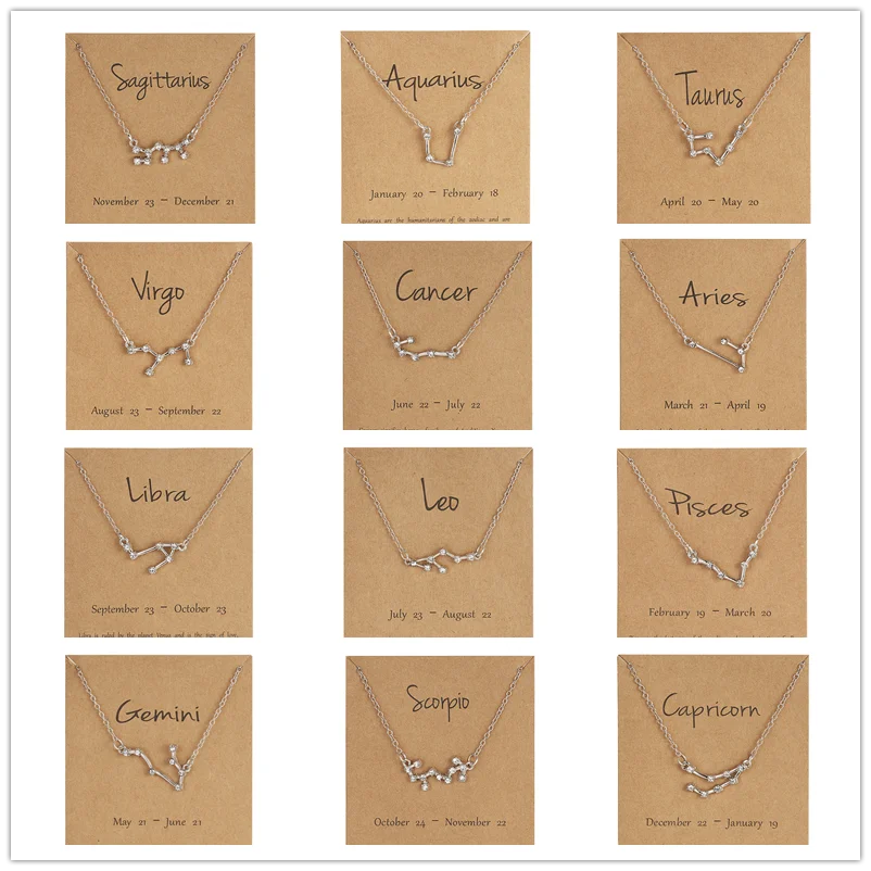 New Creative Twelve Constellation Rhinestone Paper Card Necklace Fashion All-match Female Elegant Silver Color Jewelry | Украшения и