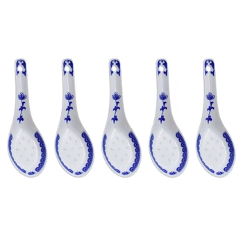 

5pcs Chinese Style Ceramic Spoon Blue And White Porcelain Spoon Rice Scoop Spoons Kitchen Tableware
