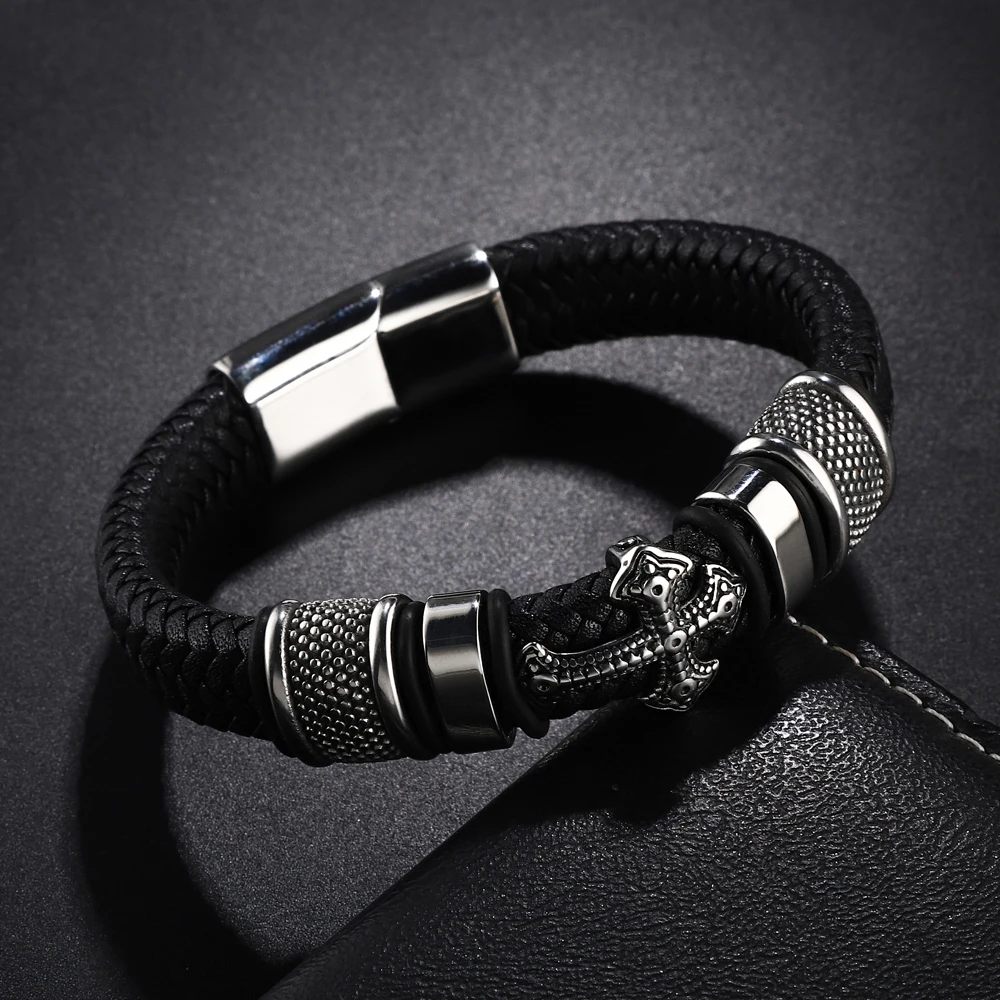 Wholesale Cross Stainless Steel Men’s Leather Bracelet Magnetic Clasp for Friend Fashion Jewelry Gifts Free Shipping - Image 5