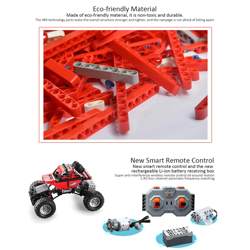 SO 489PCS Cada DOUBLE E 2.4G Remote Control Off-road Car Climbing Racing Building Blocks Brick Technic Car Children DIY Assemble