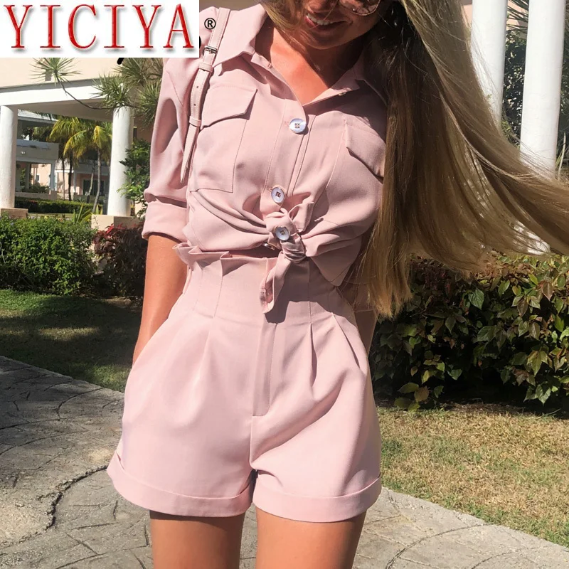 

Buttons Short Two Piece Suits Women Set High Waist Pockets Female Short Jumpsuit 2020 Summer Style Ladies Sets Outfit Matching